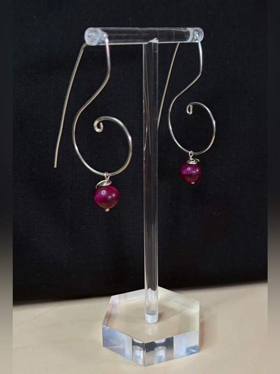 Sterling Silver Red Tigers Eye Artisan Hand Crafted Wire Drop Earrings - Picture 7 of 7